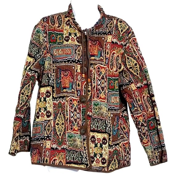 Two Twenty Collection Womens Tapestry Jacket Vibrant Colors Elephants Paisley L - Picture 1 of 11
